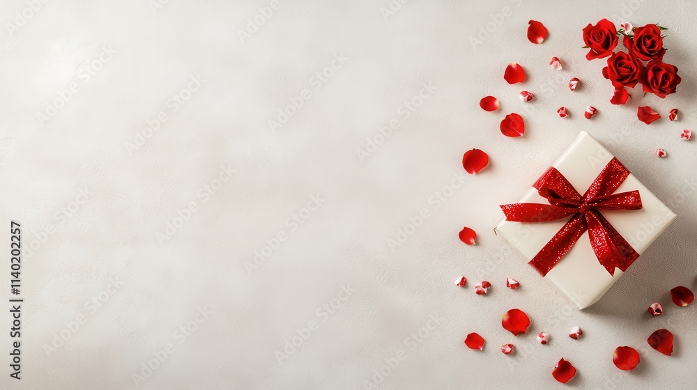 Close-up of elegant gift box with red rose bow in festive setting Close-up of elegant gift box with red rose bow in festive setting