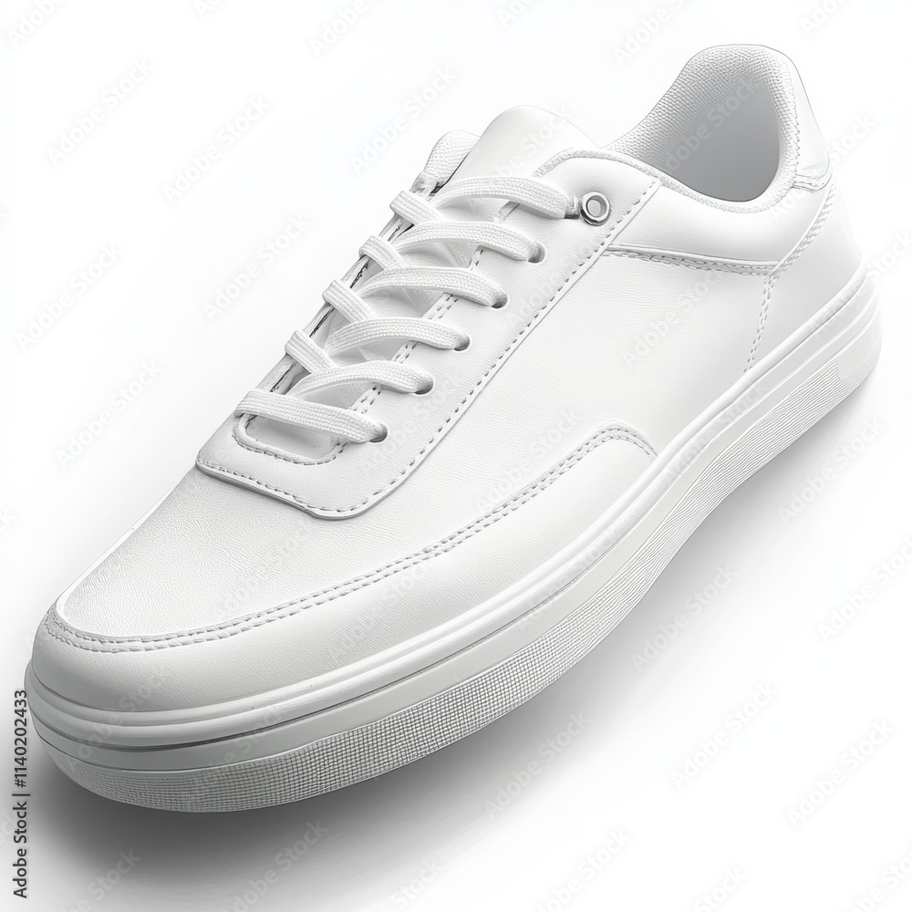 A stylish white sneaker with a clean design and breathable fabric on a white background A stylish white sneaker with a clean design and breathable fabric on a white background