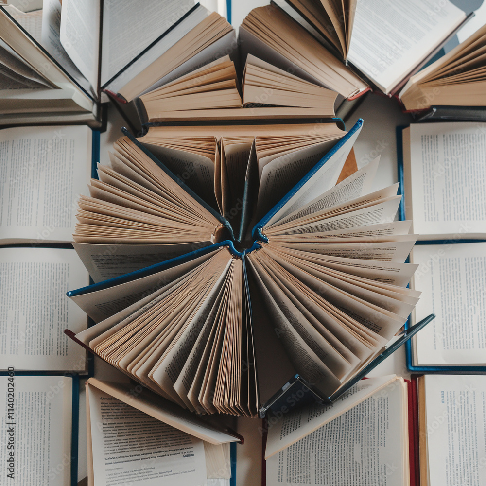 Naklejka premium There are open books on a large table, view from above, the books create a geometric pattern