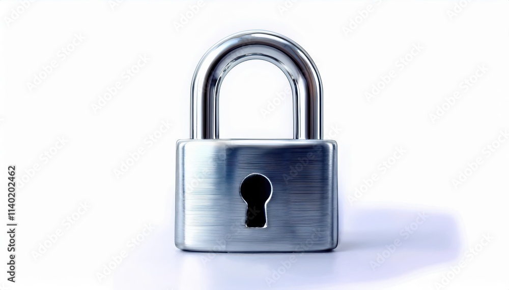 Shiny Metallic Silver Padlock with Keyhole on White Background. Security, Protection, Privacy Concept for Online Data Safety, Physical Locks, Access Control, and Anti Theft Solutions Shiny Metallic Silver Padlock with Keyhole on White Background. Security, Protection, Privacy Concept for Online Data Safety, Physical Locks, Access Control, and Anti Theft Solutions
