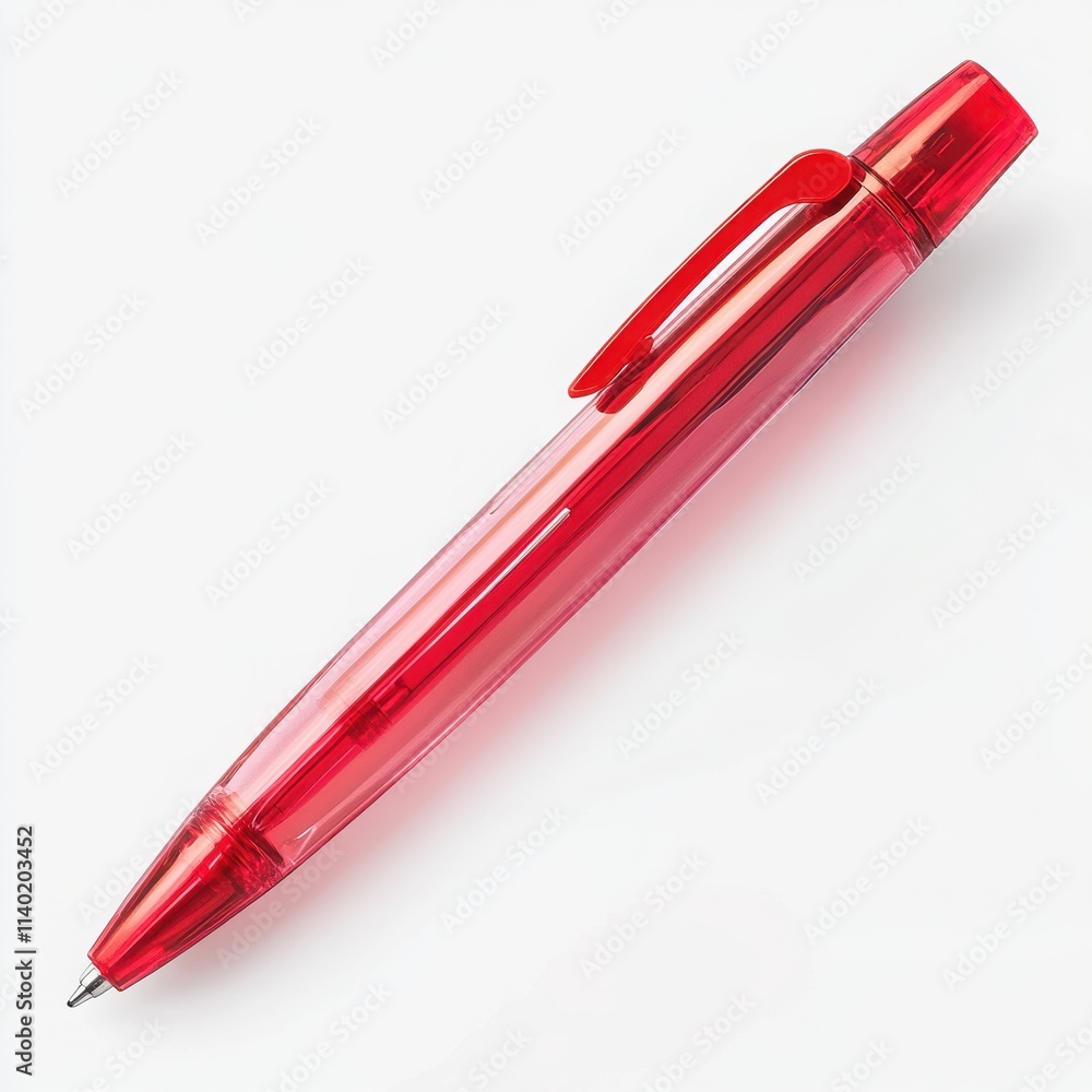 A vibrant red ballpoint pen with a click mechanism and transparent body on a white background A vibrant red ballpoint pen with a click mechanism and transparent body on a white background