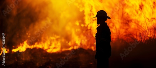 Silhouette of a Firefighter in Front of Intense Wildfire, Concept of Emergency Response and Rescue