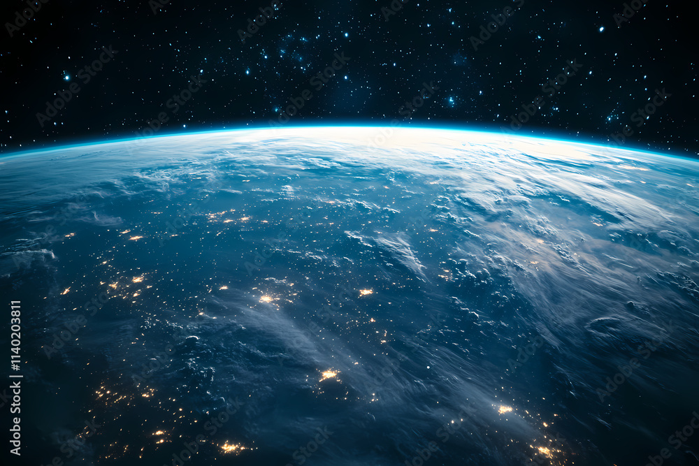 Obraz premium In the sky, an airplane is flying over the earth.