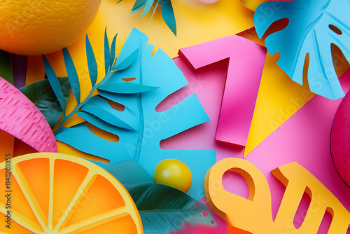 Close-up of a Colorful and Dynamic Advertisement with Bold Text. photo