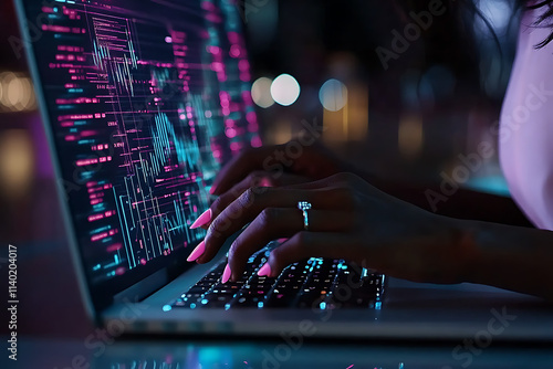 Close-up of a Businesswoman's Hands Typing on a Laptop. photo