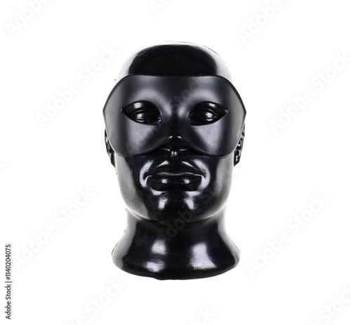 mannequin head in black mysterious mask isolated on white background photo