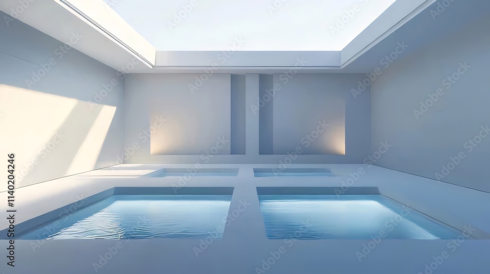 Modern minimalist interior design with sunken pools and skylight. Modern minimalist interior design with sunken pools and skylight.