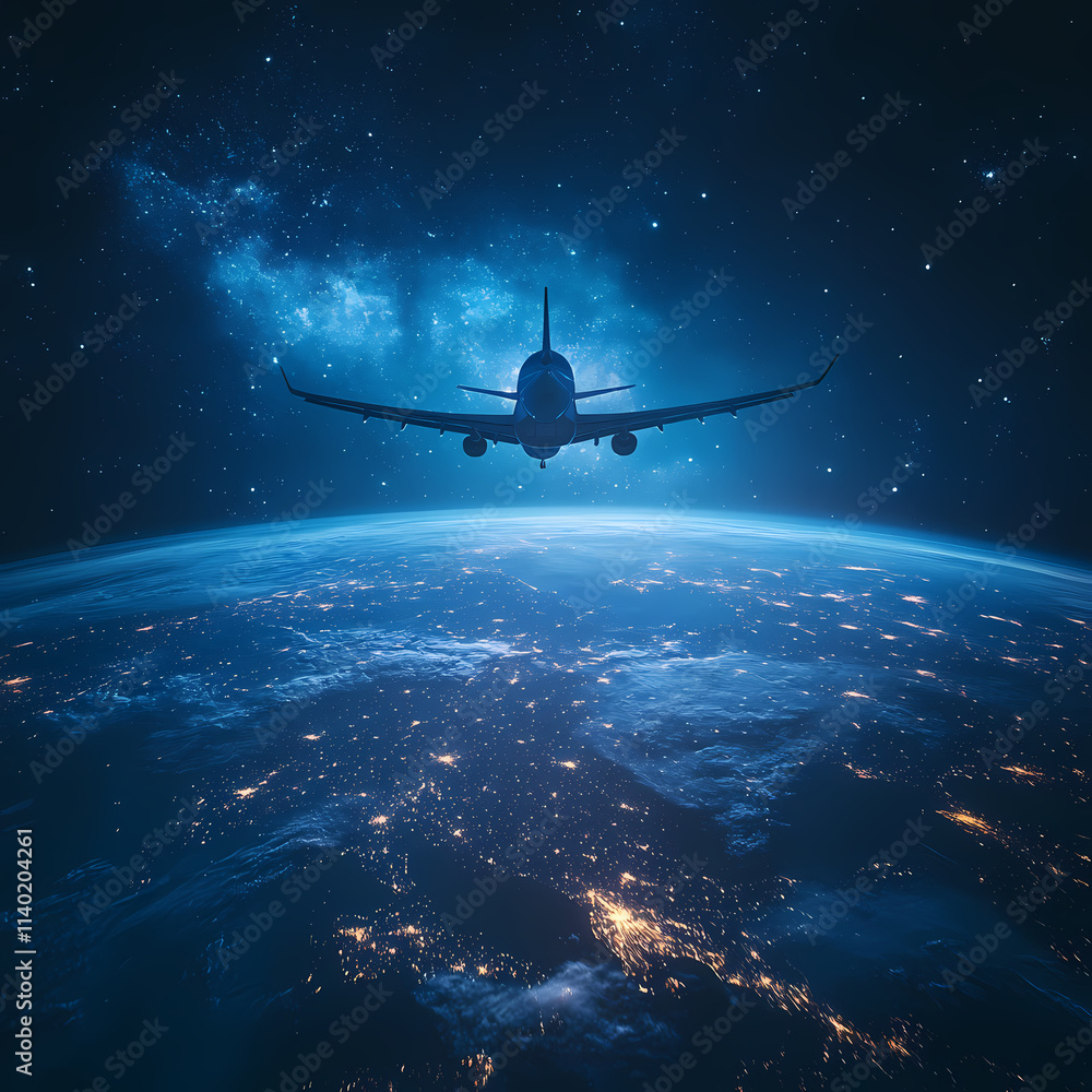 Naklejka premium In the sky, an airplane is flying over the earth.
