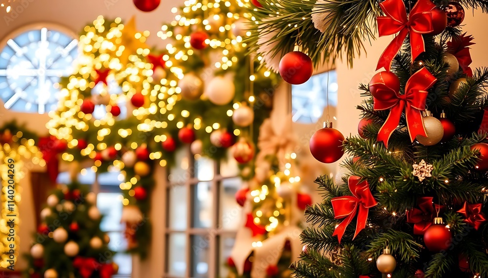 Fototapeta premium Festive Christmas Tree with Red Ornaments and Warm Lighting