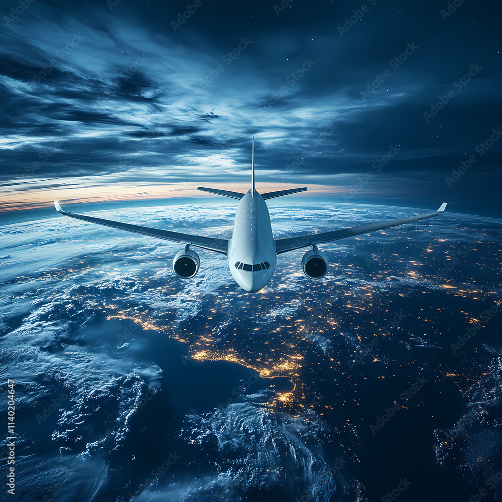 Fototapeta premium In the sky, an airplane is flying over the earth.
