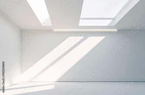 Minimalist white room with sunlight streaming through skylights.