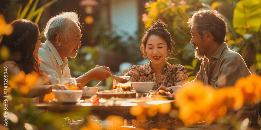 Diverse friends enjoying an outdoor meal surrounded by vibrant flowers, symbolizing friendship, celebration, and warmth.
