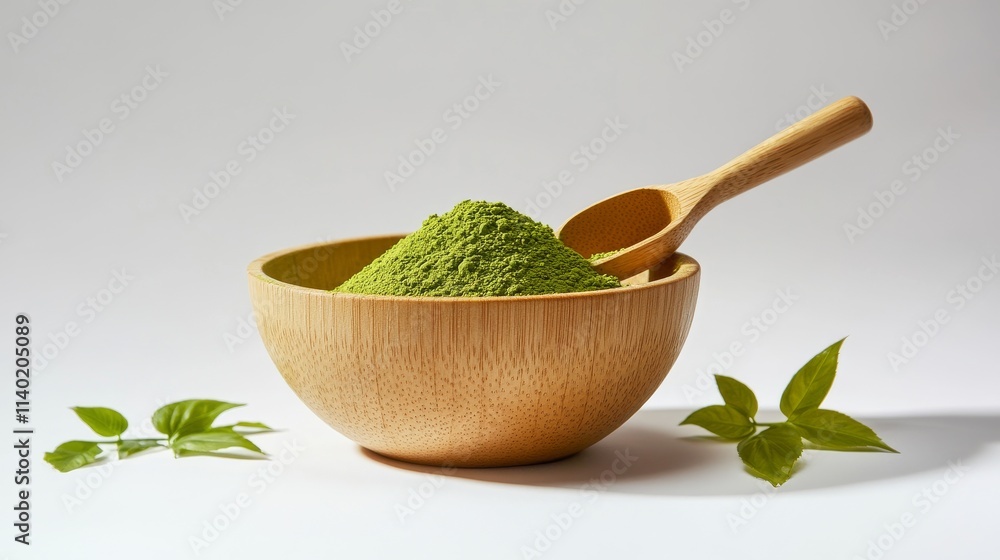 35.High-quality close-up of bright green matcha powder in a wooden bowl with a natural scoop leaning on the edge; isolated on white with fresh green leaves, creating a clean, organic presentation. 35.High-quality close-up of bright green matcha powder in a wooden bowl with a natural scoop leaning on the edge; isolated on white with fresh green leaves, creating a clean, organic presentation.