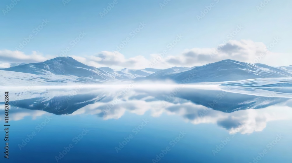 Serene winter landscape with snow-capped mountains reflected in a calm lake. (1) Serene winter landscape with snow-capped mountains reflected in a calm lake. (1)