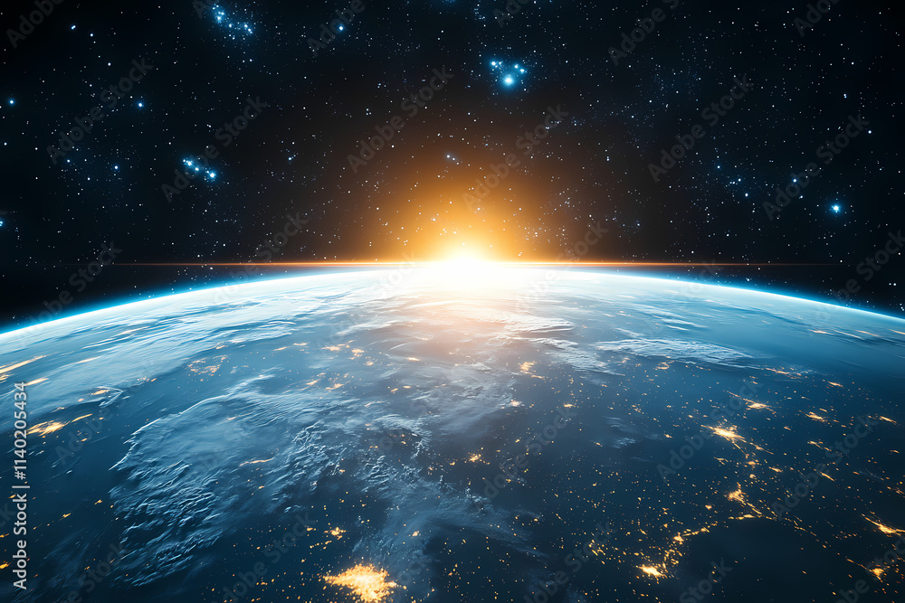 Obraz premium In the sky, an airplane is flying over the earth.