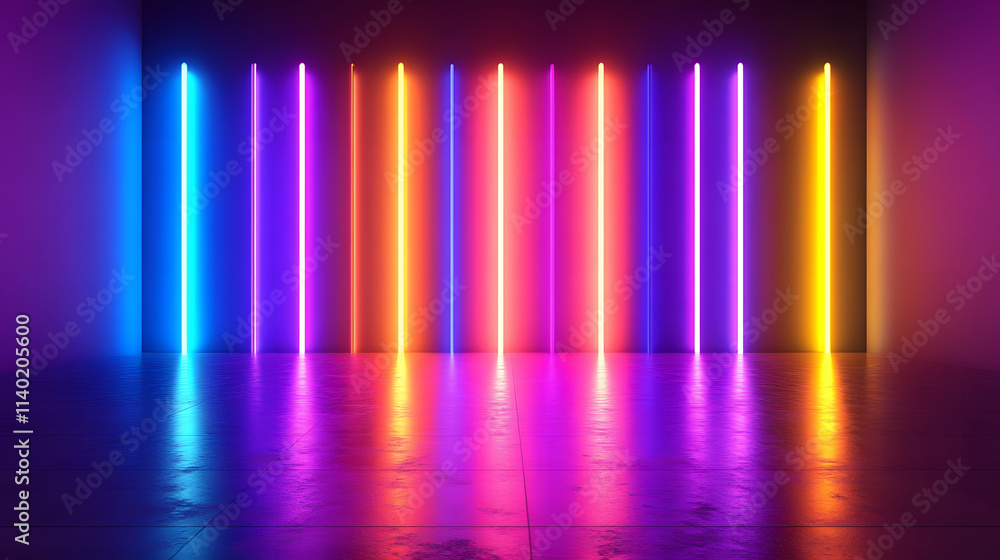 Sci Fy neon multicolored glowing rays in a dark hall. Reflections on the floor and walls. Empty background in the center. 3d rendering image. Techology futuristic background.
Sci Fy neon multicolored glowing rays in a dark hall. Reflections on the floor and walls. Empty background in the center. 3d rendering image. Techology futuristic background.