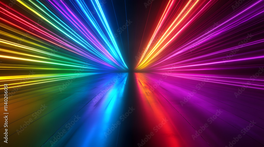 Sci Fy neon multicolored glowing rays in a dark hall. Reflections on the floor and walls. Empty background in the center. 3d rendering image. Techology futuristic background.
Sci Fy neon multicolored glowing rays in a dark hall. Reflections on the floor and walls. Empty background in the center. 3d rendering image. Techology futuristic background.