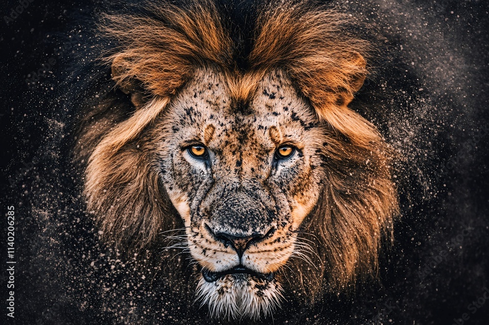 Fototapeta premium Majestic Close-Up of a Lion's Face Displaying Intense Gaze and Vibrant Fur, Surrounded by Dusty Particles, Capturing the Beauty of Wildlife