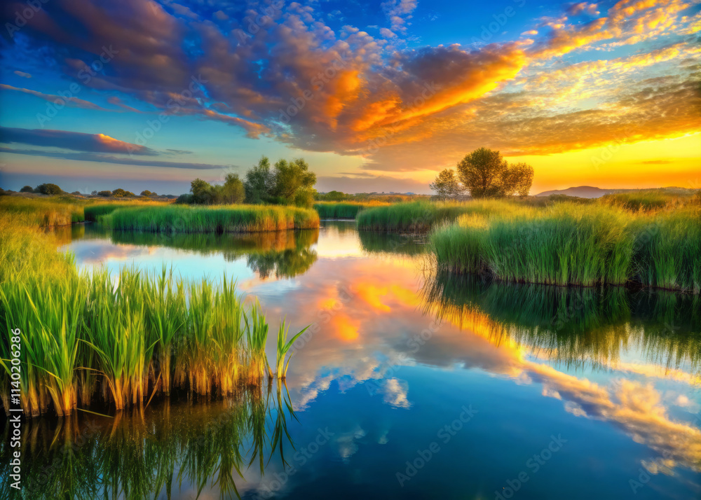 serene wetland landscape unfolds beneath misty dawn, showcasing vibrant reflections in calm water. colorful sky and lush greenery create tranquil atmosphere serene wetland landscape unfolds beneath misty dawn, showcasing vibrant reflections in calm water. colorful sky and lush greenery create tranquil atmosphere