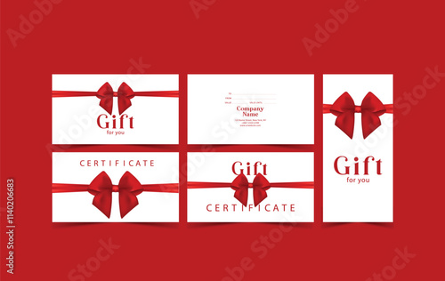 Gift card template with realistic red bow. Certificate, coupon, flyer design. Discount card for shop or boutique. Vector illustration