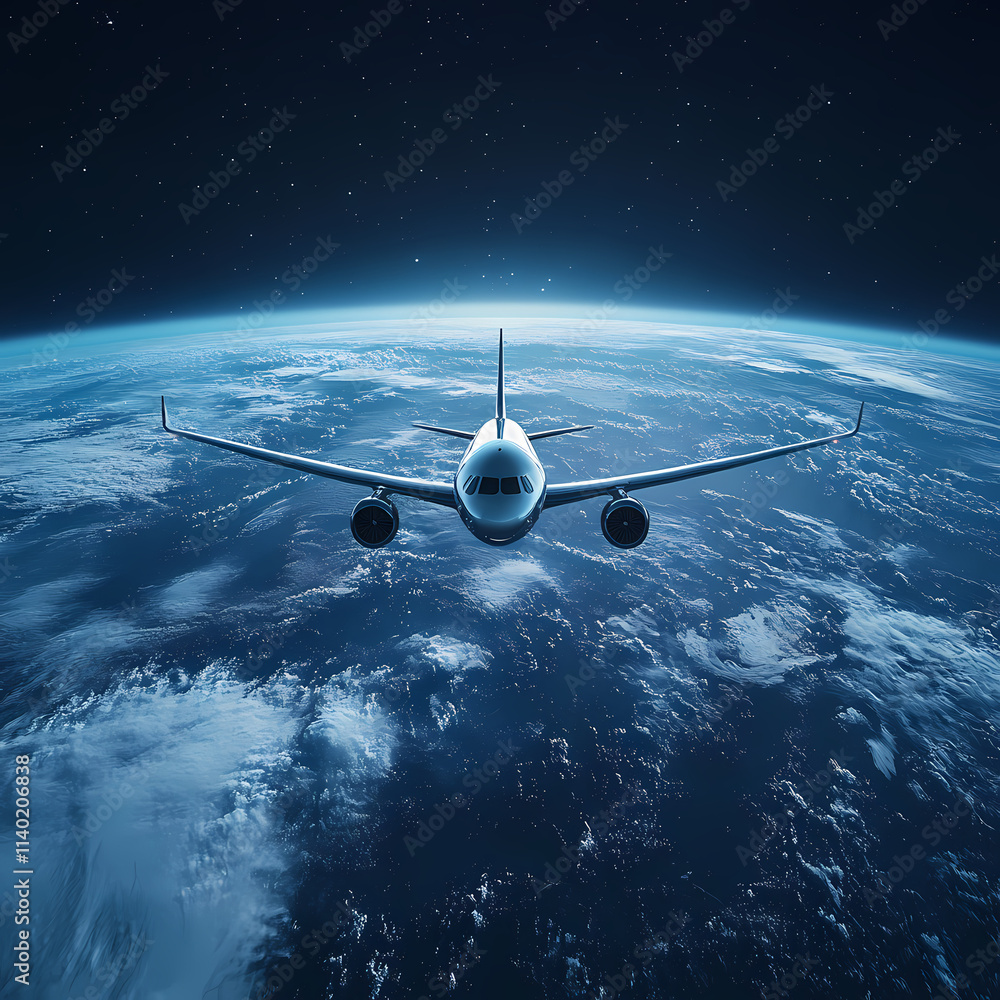 Fototapeta premium In the sky, an airplane is flying over the earth.