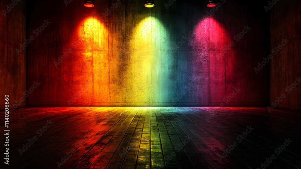 Sci Fy neon multicolored glowing rays in a dark hall. Reflections on the floor and walls. Empty background in the center. 3d rendering image. Techology futuristic background.
Sci Fy neon multicolored glowing rays in a dark hall. Reflections on the floor and walls. Empty background in the center. 3d rendering image. Techology futuristic background.