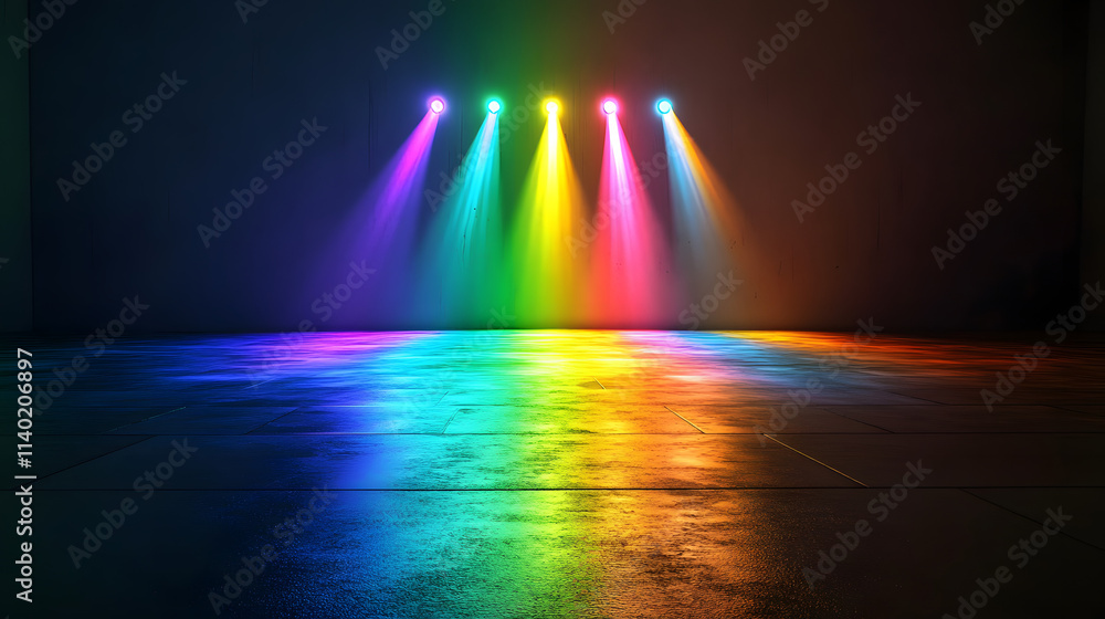 Sci Fy neon multicolored glowing rays in a dark hall. Reflections on the floor and walls. Empty background in the center. 3d rendering image. Techology futuristic background.
Sci Fy neon multicolored glowing rays in a dark hall. Reflections on the floor and walls. Empty background in the center. 3d rendering image. Techology futuristic background.