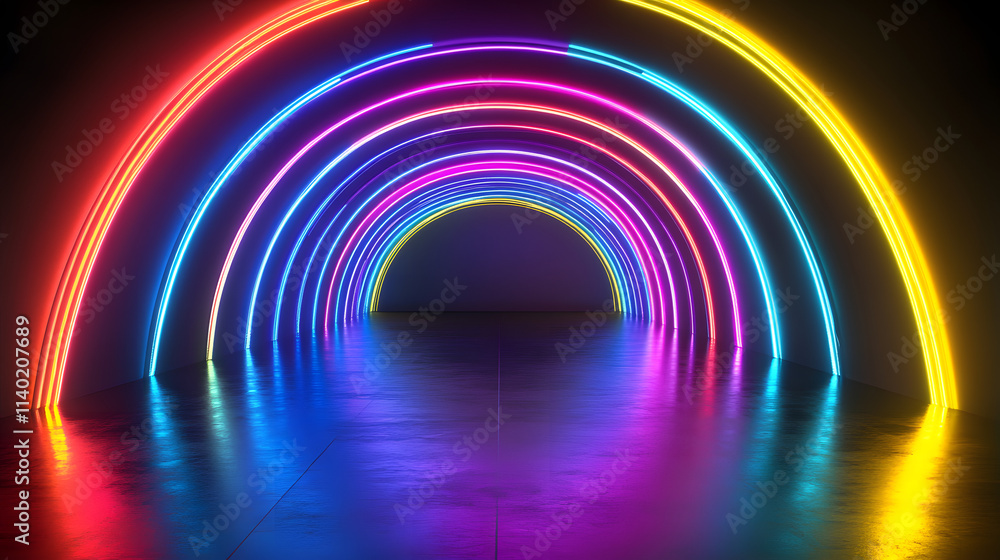 Sci Fy neon multicolored glowing rays in a dark hall. Reflections on the floor and walls. Empty background in the center. 3d rendering image. Techology futuristic background.
Sci Fy neon multicolored glowing rays in a dark hall. Reflections on the floor and walls. Empty background in the center. 3d rendering image. Techology futuristic background.