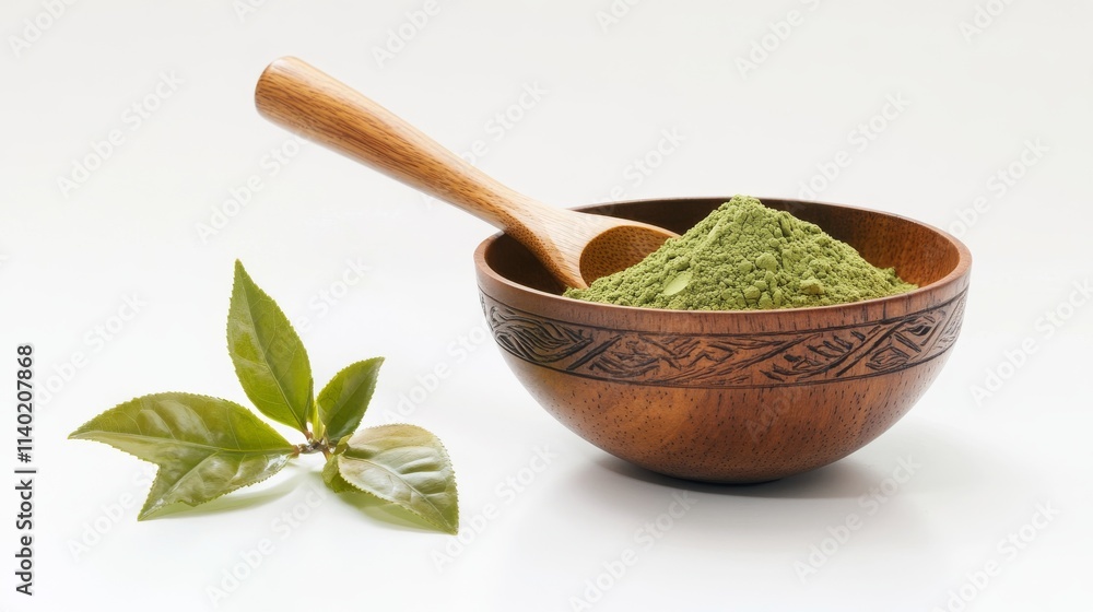 32.Rich green matcha powder in a wooden bowl with an intricately carved scoop resting on the edge; isolated on a white background with a few fresh tea leaves for a clean and vibrant look. 32.Rich green matcha powder in a wooden bowl with an intricately carved scoop resting on the edge; isolated on a white background with a few fresh tea leaves for a clean and vibrant look.