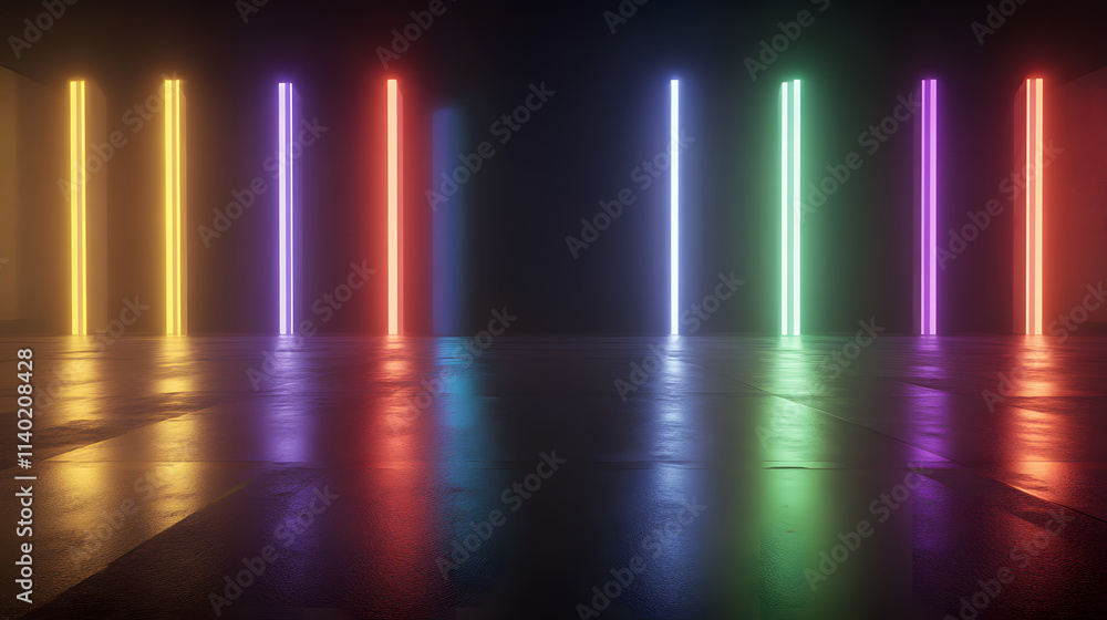Sci Fy neon multicolored glowing rays in a dark hall. Reflections on the floor and walls. Empty background in the center. 3d rendering image. Techology futuristic background.
Sci Fy neon multicolored glowing rays in a dark hall. Reflections on the floor and walls. Empty background in the center. 3d rendering image. Techology futuristic background.