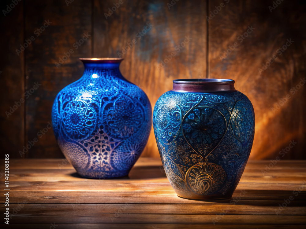 Intricately designed blue vases with detailed patterns, illuminated against wooden background, create captivating and artistic display Intricately designed blue vases with detailed patterns, illuminated against wooden background, create captivating and artistic display