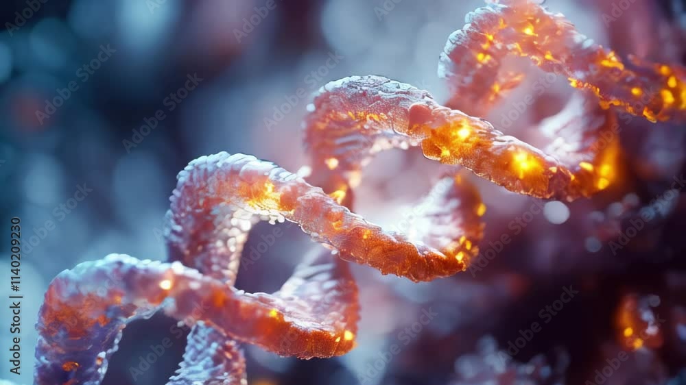 The double helix of DNA. The spiral is presented in pink and orange tones, creating a sense of depth and texture.