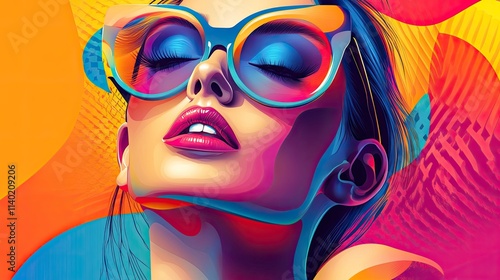 Close-up vibrant portrait of a woman with eyes closed, wearing large sunglasses against a colorful abstract background.