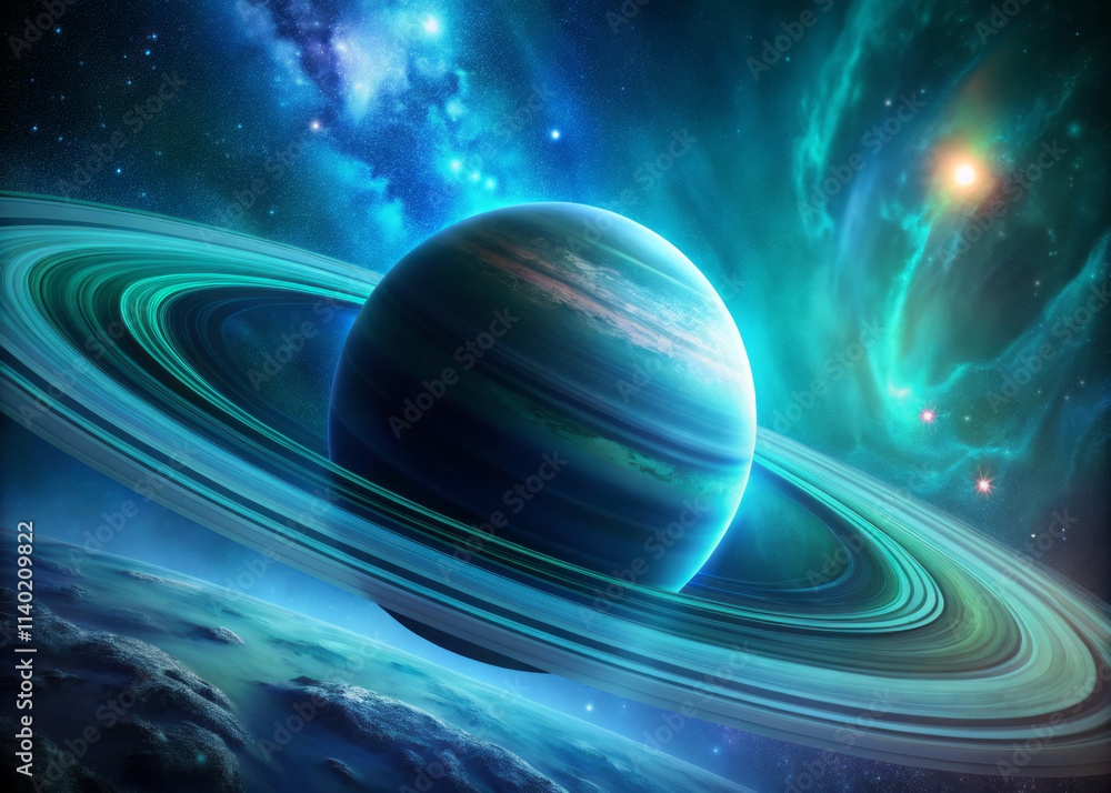 luminous planet with rings floats in vast cosmos, surrounded by colorful nebulae and stars, creating mesmerizing celestial scene luminous planet with rings floats in vast cosmos, surrounded by colorful nebulae and stars, creating mesmerizing celestial scene
