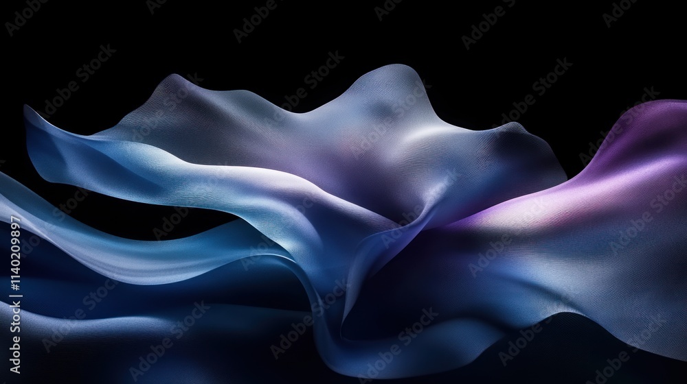 Fototapeta premium Abstract blue and purple flowing fabric on black background.