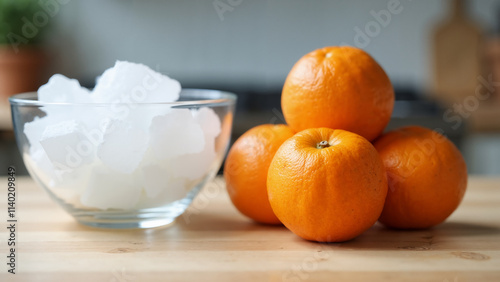 A glass bowl filled with ice cubes sitting on top of a wooden table, with a few oranges scattered around it.  photo