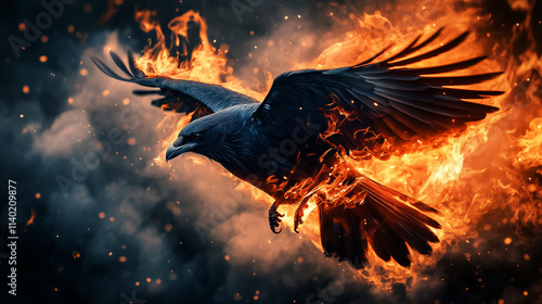 Wallpaper Mural Majestic black raven engulfed in fiery flames soaring through a smoky, dramatic background symbolizing power, mystery, and rebirth Torontodigital.ca