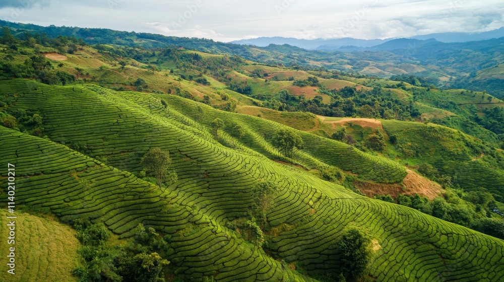 Fototapeta premium 84.Drone perspective over Cha Gorreana tea fields, capturing the uniform yet undulating rows of tea plants that cascade down the hills; the rich green tones of the plantation against the earthy