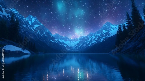 A breathtaking view of a serene mountain lake under a starry night sky, illuminated by the ethereal glow of the aurora borealis in shades of blue and green.