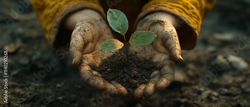 Closeup of a child s hands supporting a plant emerging from the soil, representing environmental care and the future of nature Generative AI, detailed and nurturing photo