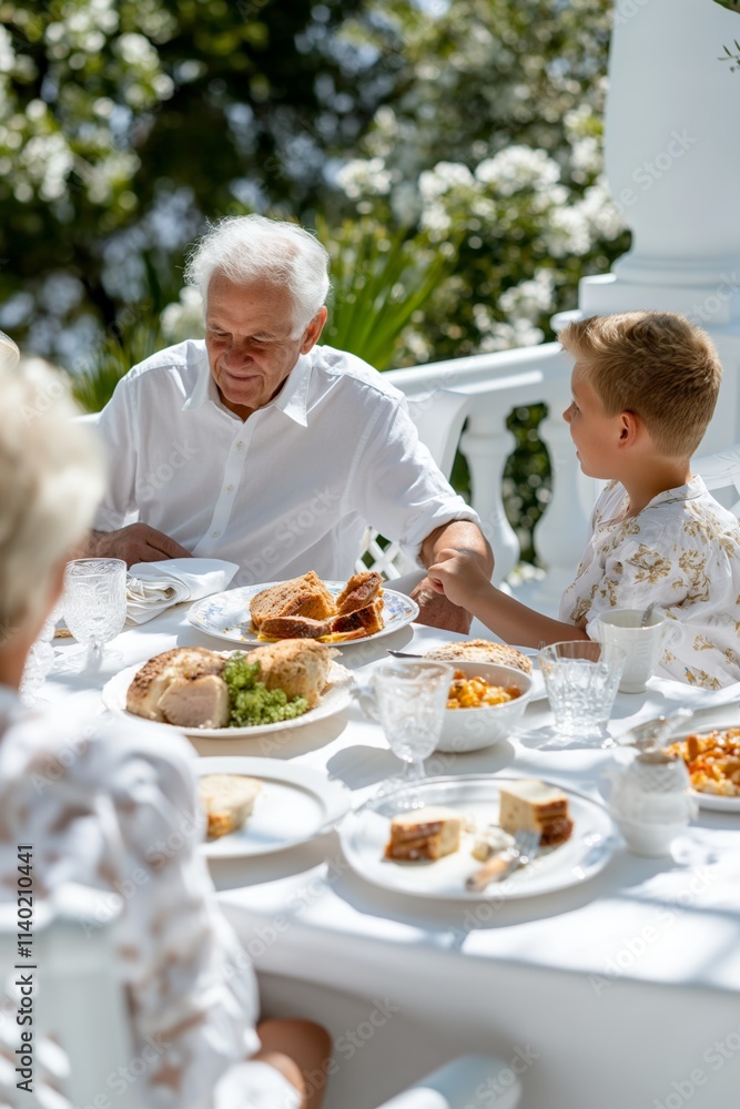 A warm, intimate moment of a grandfather sharing a meal with his granddaughter outdoors. A warm, intimate moment of a grandfather sharing a meal with his granddaughter outdoors.