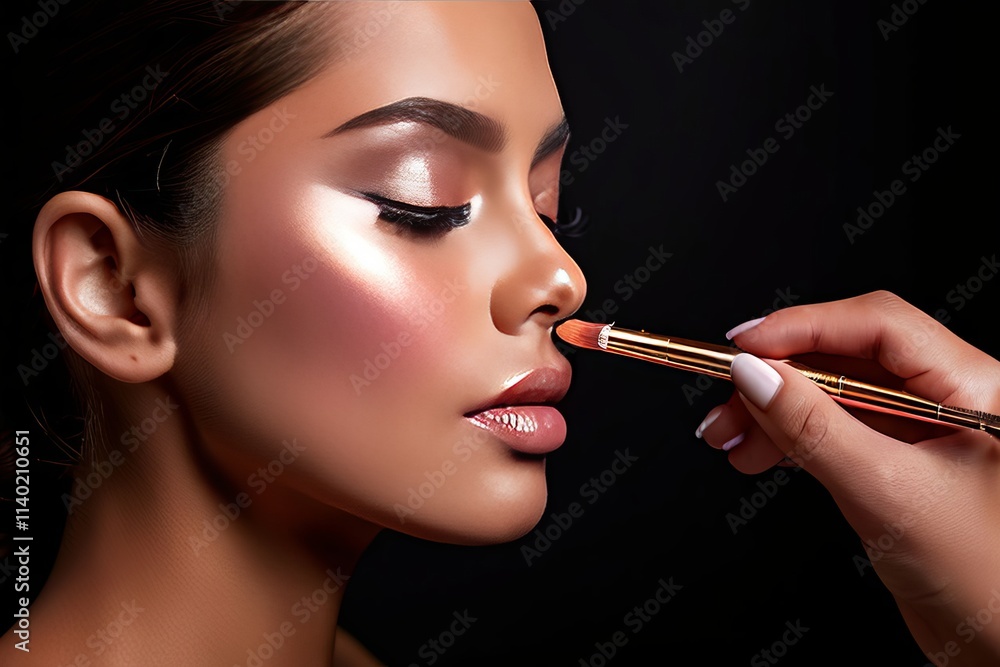 Fototapeta premium 8 a woman applying a shimmery rose gold blush to the high points