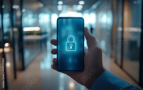 A smartphone in a person s hand displaying a digital padlock icon, signifying cybersecurity and online privacy, set in a clean, modern office, ultradetailed, 4K photo