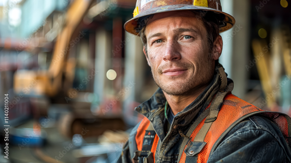 Man in a hard hat and orange vest is standing in front of a construction site. Man in a hard hat and orange vest is standing in front of a construction site.