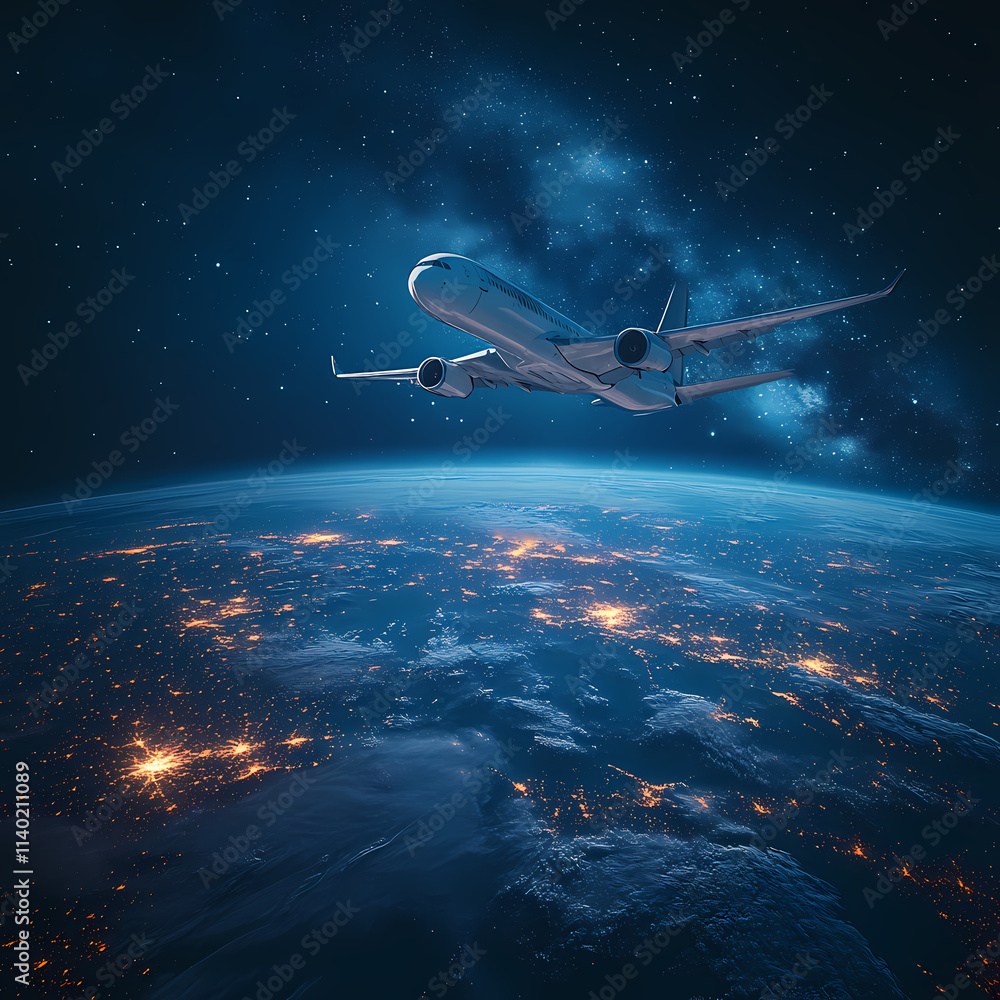In the sky, an airplane is flying over the earth. In the sky, an airplane is flying over the earth.