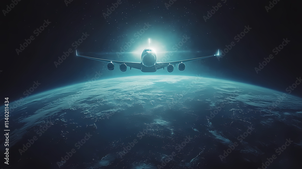 Fototapeta premium In the sky, an airplane is flying over the earth.