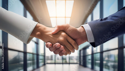 Two business men in suits shaking hands over a great deal in the office at their company