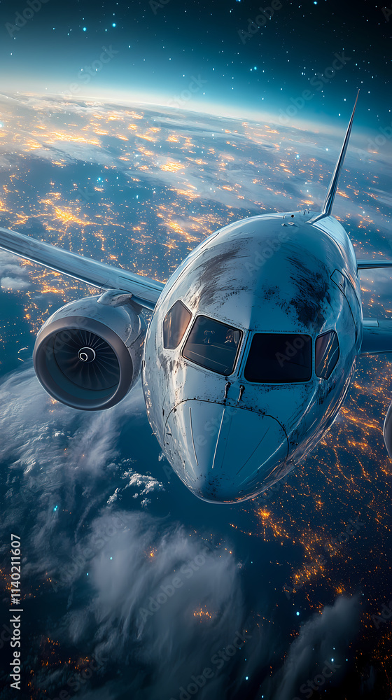 In the sky, an airplane is flying over the earth. In the sky, an airplane is flying over the earth.