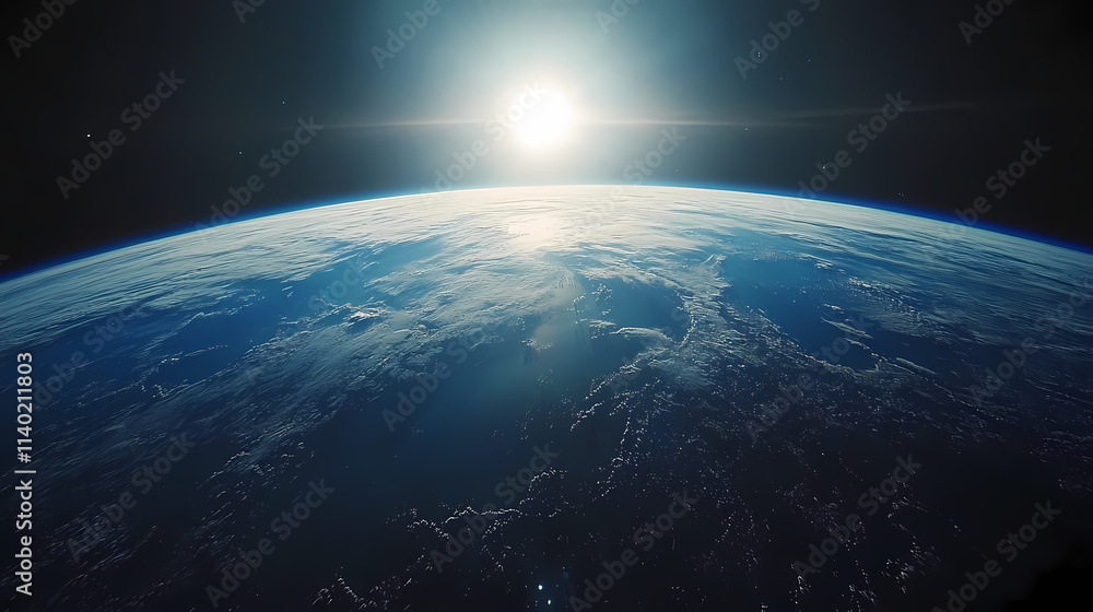 Obraz premium In the sky, an airplane is flying over the earth.