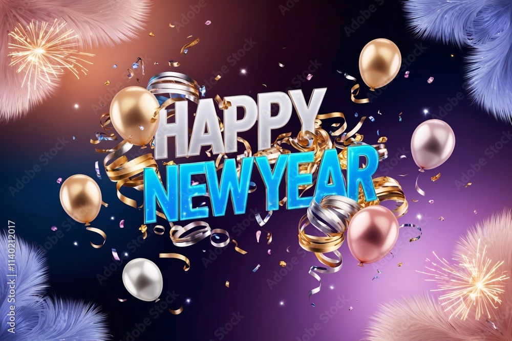 Naklejka premium Happy New Year Background, Happy New Year Banner, Happy New Year Wallpaper, Happy New Year Text Design, New Year celebration background, New Year wishes background